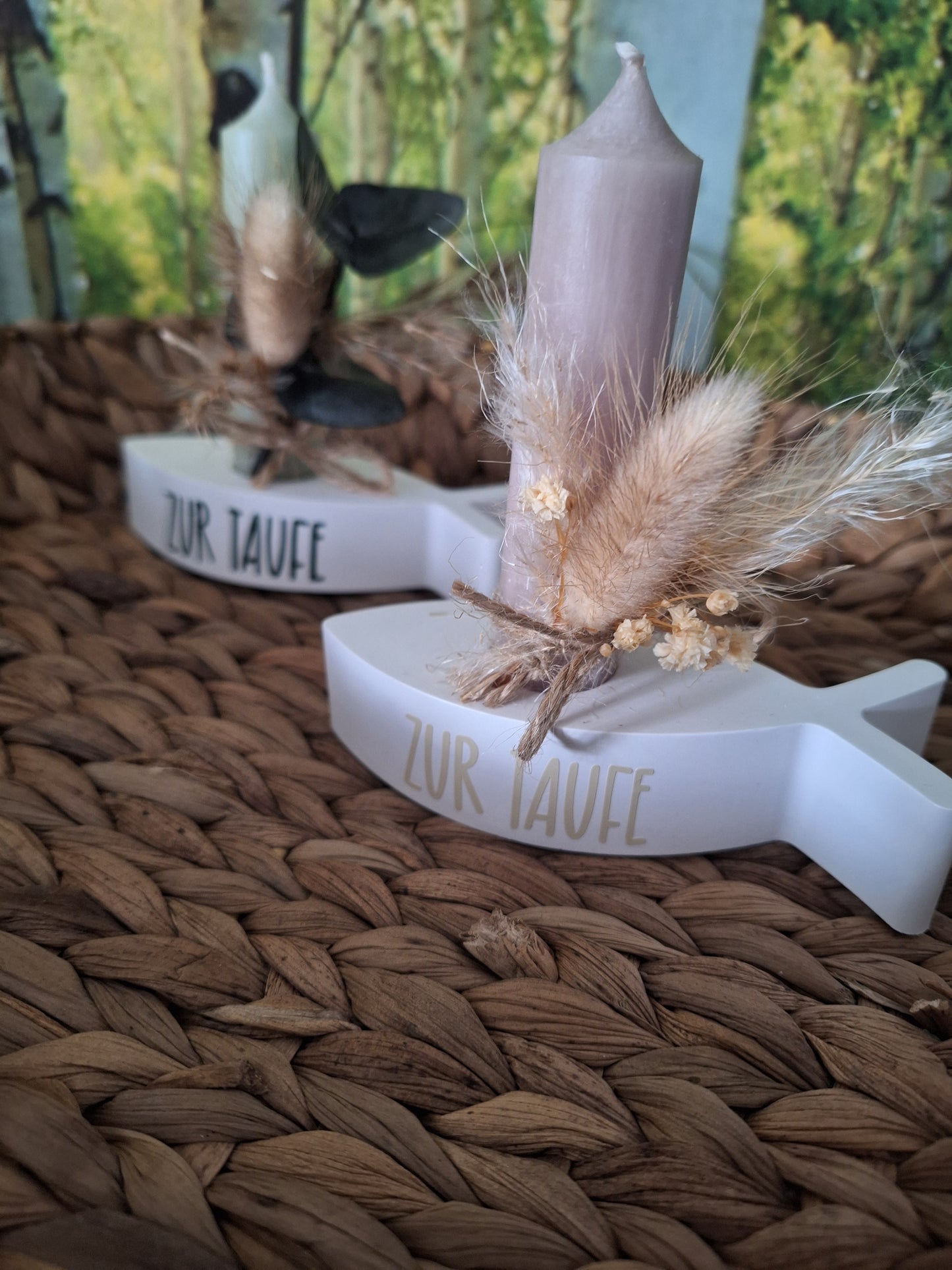Stabkerzenhalter in Fischform mit Taufe- oder Konfirmationsaufschrift – Geschenkset mit Trockenblumen