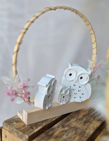 Lichterbogen aus Holz – Eulen, Trockenblumen & sanftes Licht | Handgemacht, Keraflott-Eulen