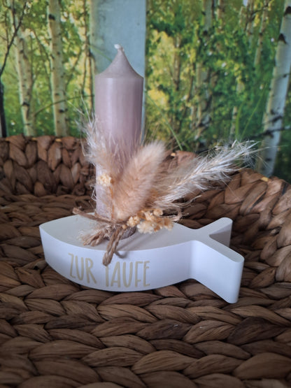 Stabkerzenhalter in Fischform mit Taufe- oder Konfirmationsaufschrift – Geschenkset mit Trockenblumen