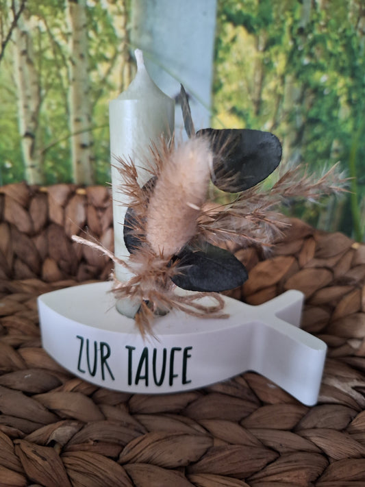 Stabkerzenhalter in Fischform mit Taufe- oder Konfirmationsaufschrift – Geschenkset mit Trockenblumen