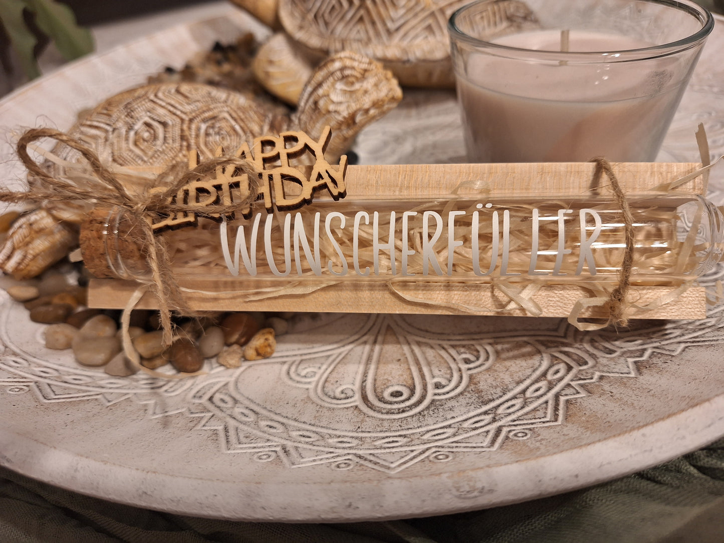 Wunscherfüller Reagenzglas-Glas in Holzverpackung – Dekoration, individuelles Wunschlicht, personalisierbar