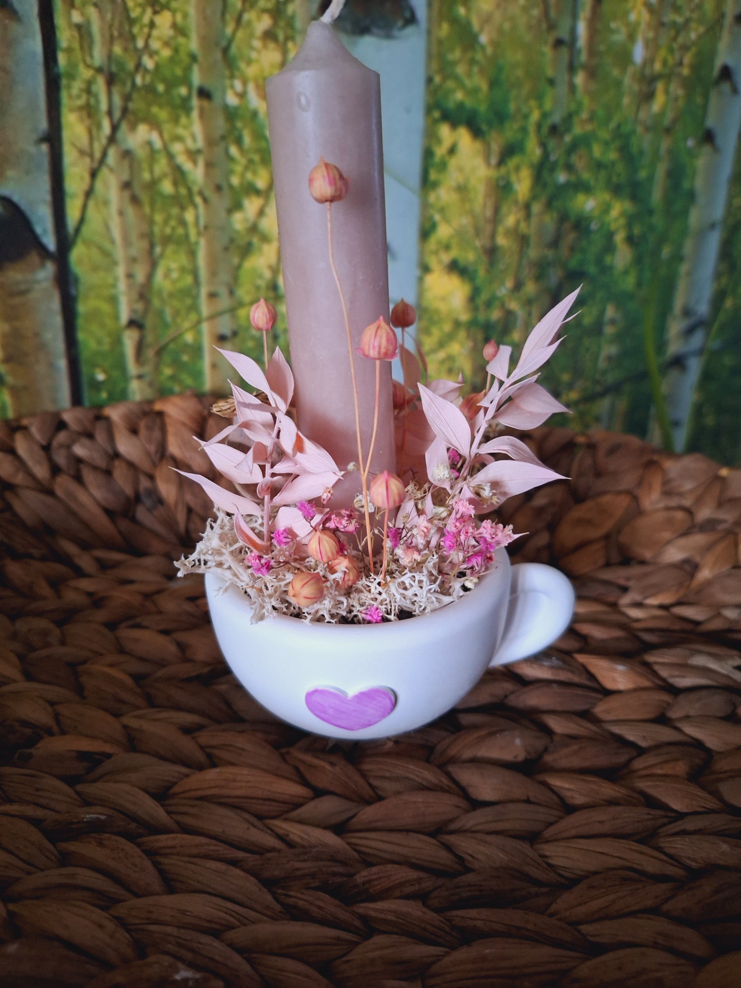 Keraflott-Gegossene Tasse mit Herz – Dekoriert mit Trockenblumen & Stabkerze, Innenraumdeko, personalisierbar